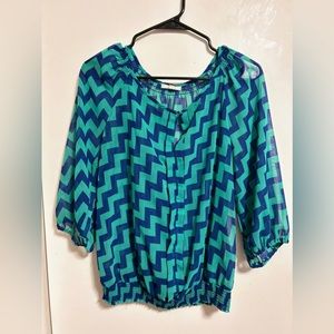 Sheer Green and Blue Zigzag Print Top